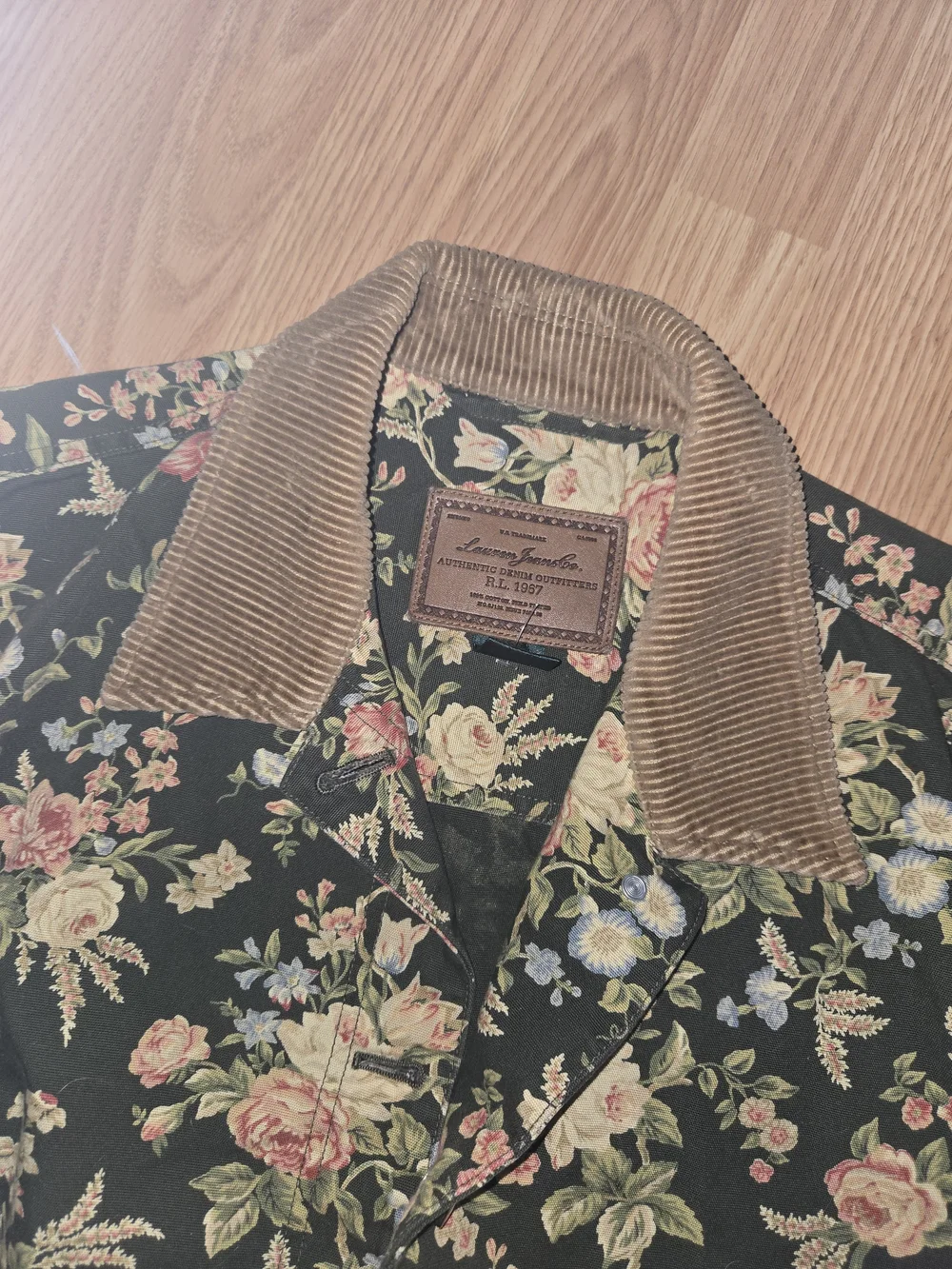 Vintage Ralph Lauren Dark Green Denim Floral Corduroy Collar Jacket - Picture 3 of 6